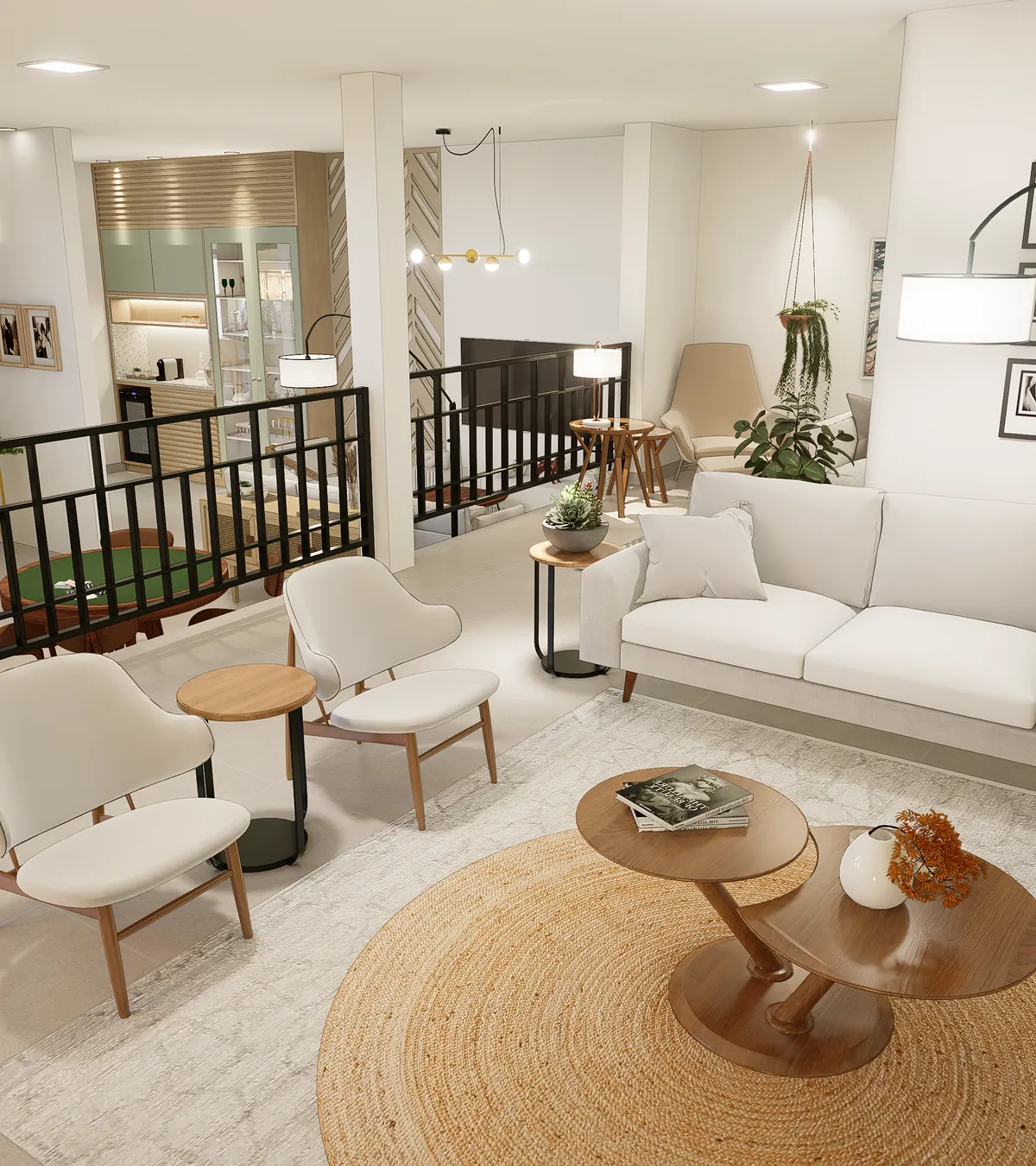 Living integrado com escada, mesa de jogos e iluminação suave