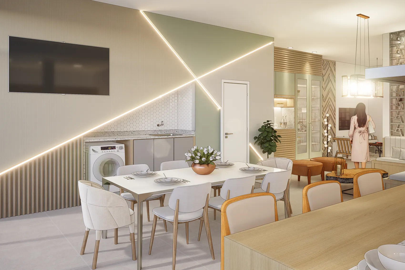 Jantar integrado com iluminação em linhas
