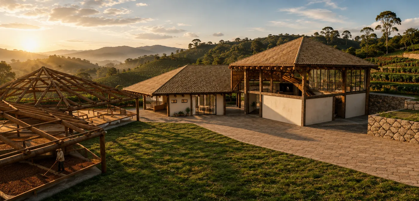 Vista do conjunto de beneficiamento de café no relevo