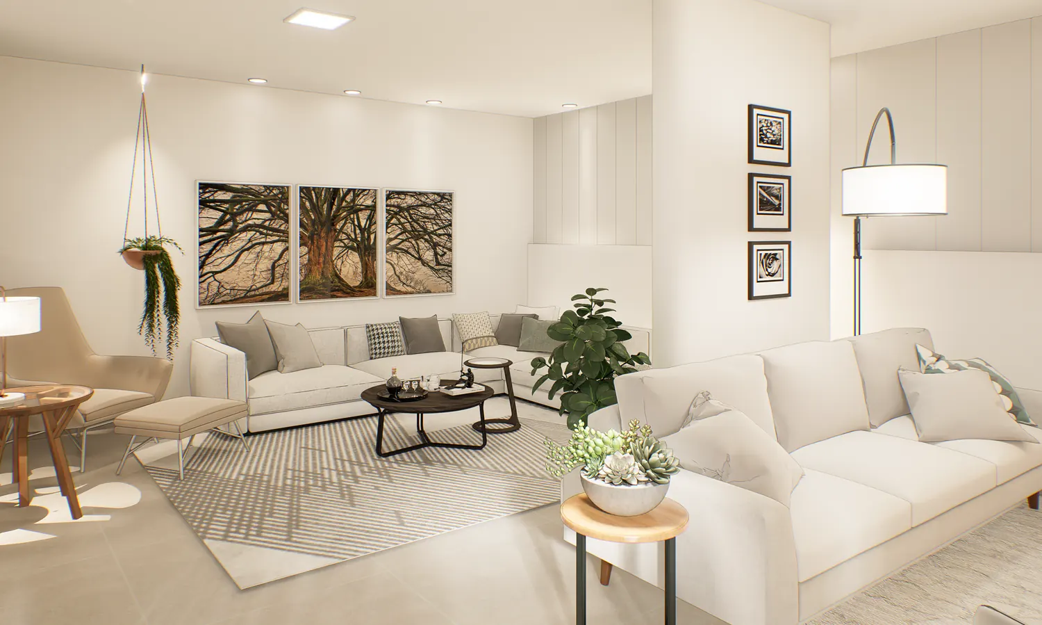 Living com sofás claros e quadros